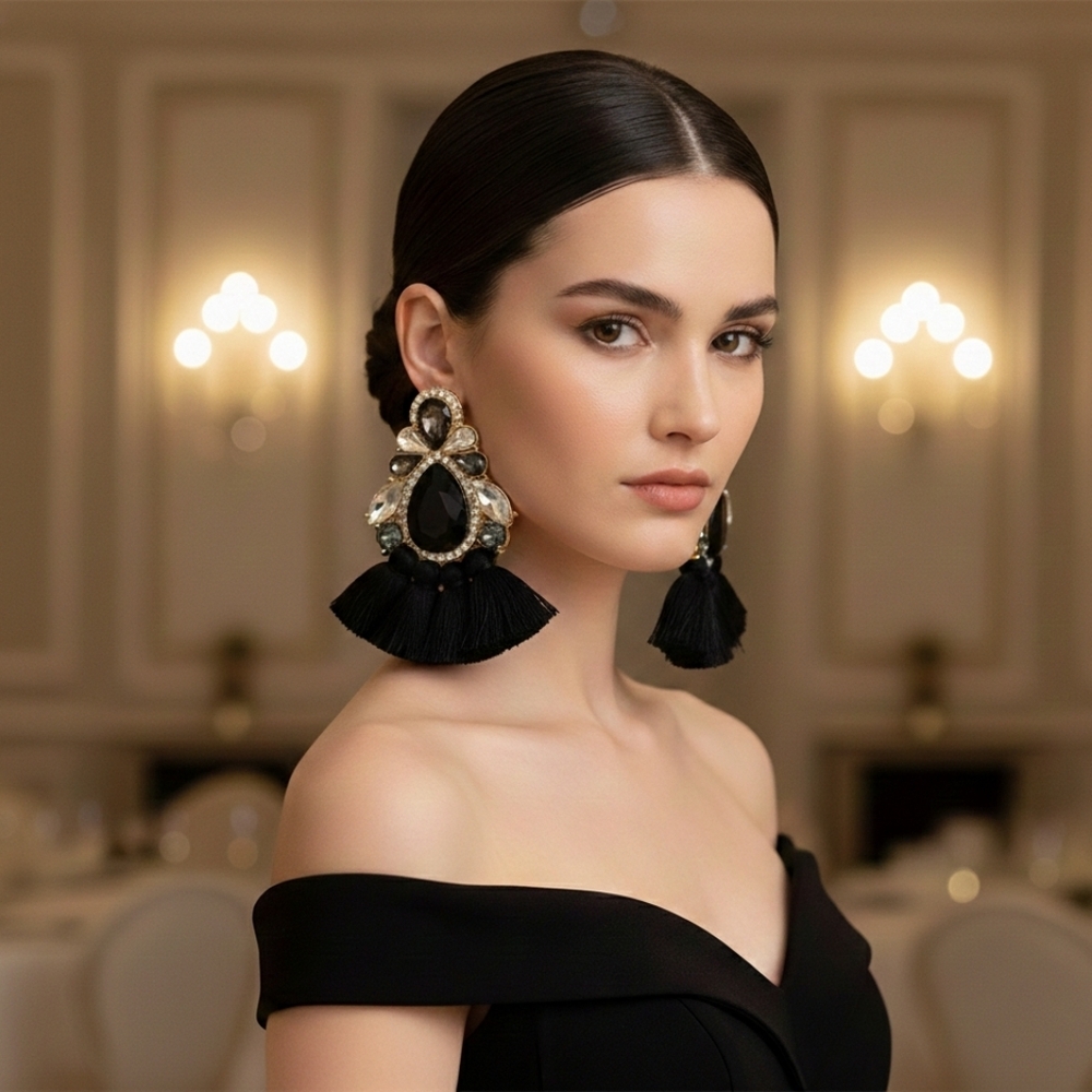 Elegant Black and Gold Tassel Earrings